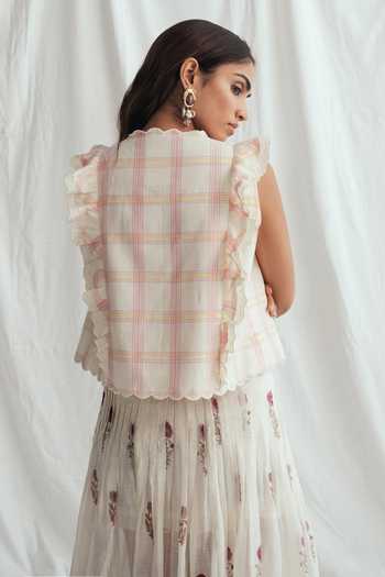 Shop_Jodi_Pink Cotton Embroidery, Beads, Applique V-neck Chataai Print Top _at_Aza_Fashions