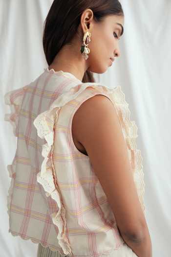 Buy_Jodi_Pink Cotton Embroidery, Beads, Applique V-neck Chataai Print Top _Online_at_Aza_Fashions