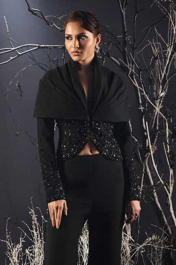 Shivani Awasty_Black Crepe, Polyester Embroidery Shawl Neck Valerie Jacket And Pant Set _Online_at_Aza_Fashions
