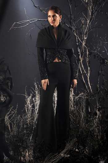 Buy_Shivani Awasty_Black Crepe, Polyester Embroidery Shawl Neck Valerie Jacket And Pant Set _at_Aza_Fashions