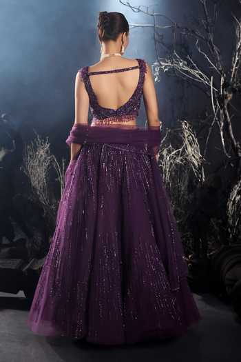 Shop_Shivani Awasty_Purple Net Embroidery, Sequins Sweetheart Neck Stardust Embellished Lehenga Set _at_Aza_Fashions