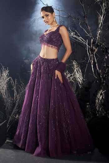 Shivani Awasty_Purple Net Embroidery, Sequins Sweetheart Neck Stardust Embellished Lehenga Set _Online_at_Aza_Fashions