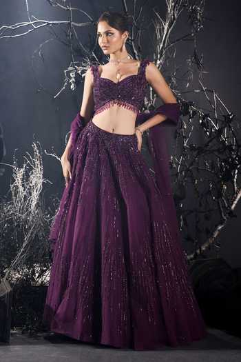 Buy_Shivani Awasty_Purple Net Embroidery, Sequins Sweetheart Neck Stardust Embellished Lehenga Set _at_Aza_Fashions