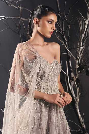 Shivani Awasty_Silver Net Sequins, Beads, Stones Sweetheart Neck Sienna Embellished Gown _Online_at_Aza_Fashions