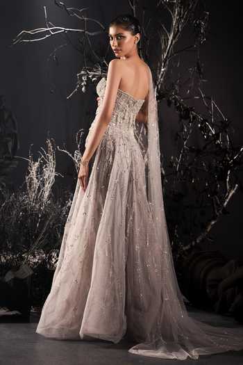 Shop_Shivani Awasty_Silver Net Sequins, Beads, Stones Sweetheart Neck Sienna Embellished Gown _at_Aza_Fashions