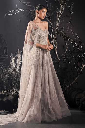 Shop_Shivani Awasty_Silver Net Sequins, Beads, Stones Sweetheart Neck Sienna Embellished Gown _Online_at_Aza_Fashions