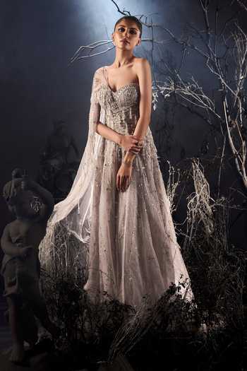 Buy_Shivani Awasty_Silver Net Sequins, Beads, Stones Sweetheart Neck Sienna Embellished Gown _at_Aza_Fashions