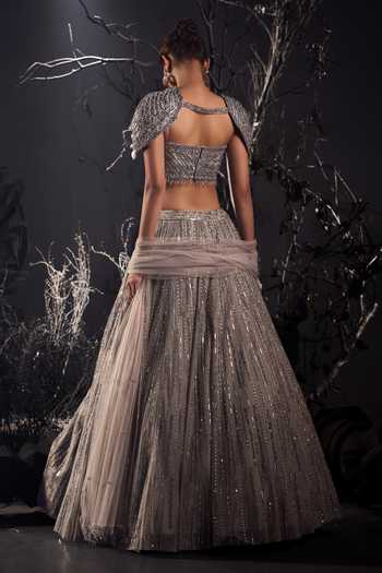 Shop_Shivani Awasty_Silver Net Embroidery, Sequins, Crystals Sweetheart Neck Embellished Lehenga Set _at_Aza_Fashions