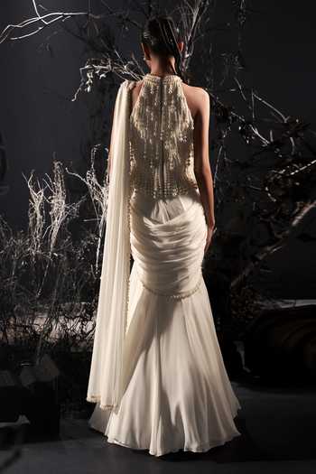 Shop_Shivani Awasty_Ivory Georgette, Net Pearls High Neck Pre-draped Saree With Blouse _at_Aza_Fashions