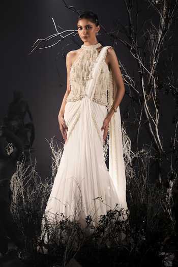Buy_Shivani Awasty_Ivory Georgette, Net Pearls High Neck Pre-draped Saree With Blouse _at_Aza_Fashions