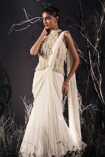 Shivani Awasty_Ivory Georgette, Net Pearls High Neck Pre-draped Saree With Blouse _Online_at_Aza_Fashions