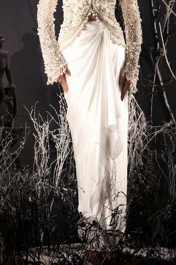 Buy_Shivani Awasty_Ivory Net, Silk Satin Pearls V-neck 3d Jacket And Skirt Set _Online_at_Aza_Fashions