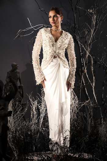 Buy_Shivani Awasty_Ivory Net, Silk Satin Pearls V-neck 3d Jacket And Skirt Set _at_Aza_Fashions