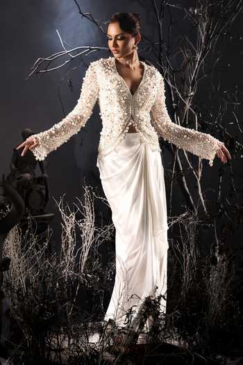 Shop_Shivani Awasty_Ivory Net, Silk Satin Pearls V-neck 3d Jacket And Skirt Set _at_Aza_Fashions