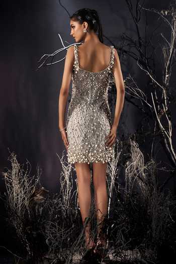 Shop_Shivani Awasty_Silver Net Sequins, Beads, Pearls Square Neck Dress _at_Aza_Fashions