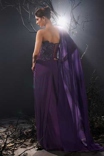 Shop_Shivani Awasty_Purple Georgette, Net Embroidery, Fabric Flowers One Shoulder 3d Work Saree Gown _at_Aza_Fashions