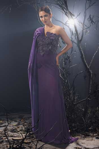 Shivani Awasty_Purple Georgette, Net Embroidery, Fabric Flowers One Shoulder 3d Work Saree Gown _Online_at_Aza_Fashions