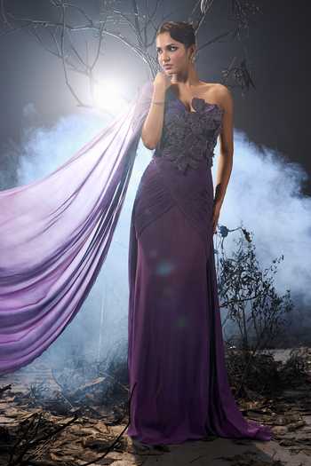 Buy_Shivani Awasty_Purple Georgette, Net Embroidery, Fabric Flowers One Shoulder 3d Work Saree Gown _at_Aza_Fashions
