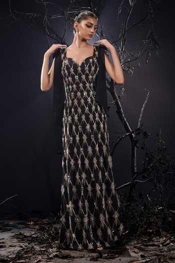 Buy_Shivani Awasty_Black Crepe, Polyester Embroidery, Sequins, Stones Sweetheart Neck Crystal Gown _at_Aza_Fashions