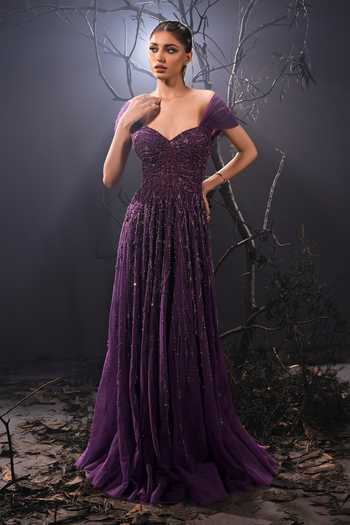 Buy_Shivani Awasty_Purple Net Sequins, Beads, Tassels, Fringe Off-shoulder Off Gown _at_Aza_Fashions