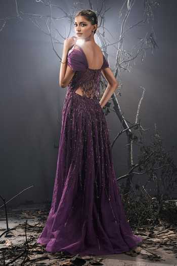 Shop_Shivani Awasty_Purple Net Sequins, Beads, Tassels, Fringe Off-shoulder Off Gown _at_Aza_Fashions