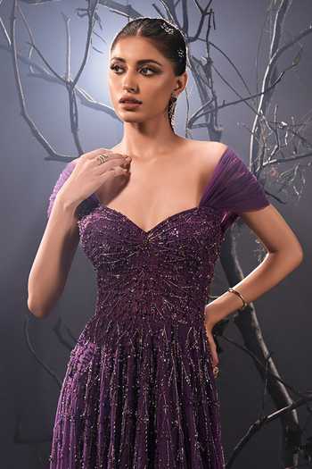 Buy_Shivani Awasty_Purple Net Sequins, Beads, Tassels, Fringe Off-shoulder Off Gown _Online_at_Aza_Fashions
