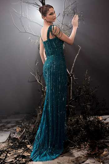 Shop_Shivani Awasty_Teal Net Sequins, Beads, Stones Sweetheart Neck Tonal Embellished Gown _at_Aza_Fashions