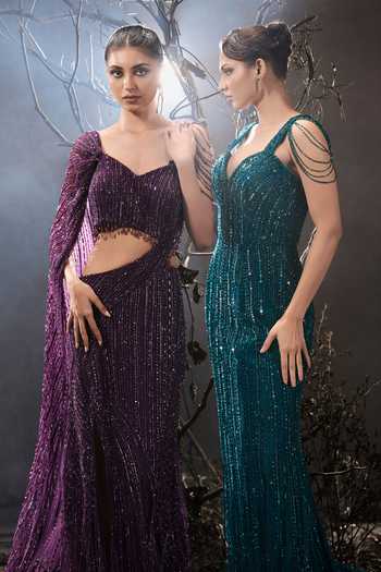 Buy_Shivani Awasty_Teal Net Sequins, Beads, Stones Sweetheart Neck Tonal Embellished Gown _Online_at_Aza_Fashions