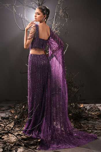 Shop_Shivani Awasty_Purple Net Sequins, Beads Sweetheart Neck Embellished Concept Saree Gown _at_Aza_Fashions