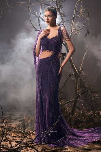 Shivani Awasty_Purple Net Sequins, Beads Sweetheart Neck Embellished Concept Saree Gown _Online_at_Aza_Fashions