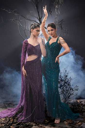 Buy_Shivani Awasty_Purple Net Sequins, Beads Sweetheart Neck Embellished Concept Saree Gown _Online_at_Aza_Fashions