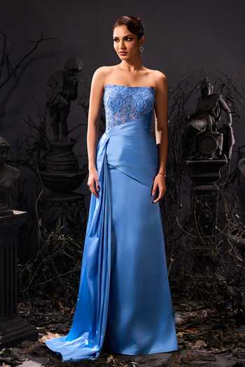 Buy_Shivani Awasty_Blue Net, Silk Satin Embroidery Bandeau Neck Embellished Bodice Draped Gown _at_Aza_Fashions