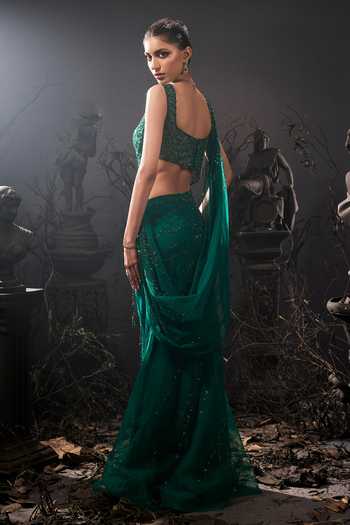 Shop_Shivani Awasty_Emerald Green Net Embroidery, Sequins Asymmetric Embellished Draped Saree Gown _at_Aza_Fashions
