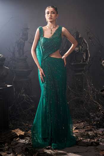 Buy_Shivani Awasty_Emerald Green Net Embroidery, Sequins Asymmetric Embellished Draped Saree Gown _at_Aza_Fashions