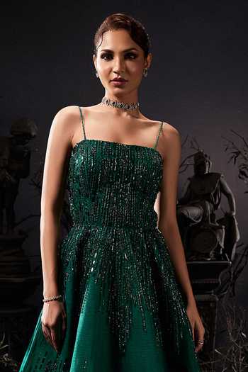 Shivani Awasty_Emerald Green Net Sequins, Beads, Stones Square Neck Embellished Gown _Online_at_Aza_Fashions