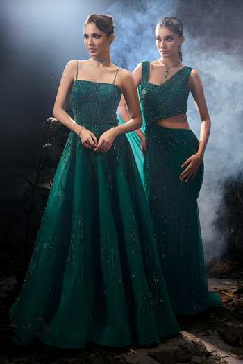 Buy_Shivani Awasty_Emerald Green Net Sequins, Beads, Stones Square Neck Embellished Gown _Online_at_Aza_Fashions