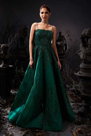Shop_Shivani Awasty_Emerald Green Net Sequins, Beads, Stones Square Neck Embellished Gown _Online_at_Aza_Fashions