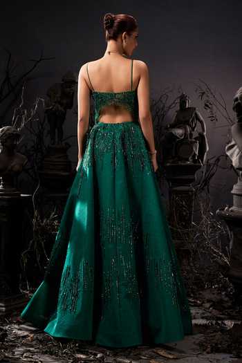 Shop_Shivani Awasty_Emerald Green Net Sequins, Beads, Stones Square Neck Embellished Gown _at_Aza_Fashions