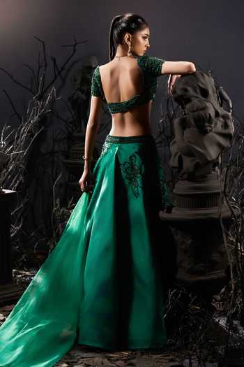 Shop_Shivani Awasty_Emerald Green Silk, Net Embroidery Sweetheart Neck Embellished Top Skirt Set _at_Aza_Fashions