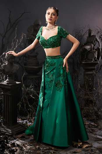 Buy_Shivani Awasty_Emerald Green Silk, Net Embroidery Sweetheart Neck Embellished Top Skirt Set _Online_at_Aza_Fashions
