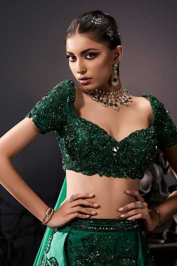 Shop_Shivani Awasty_Emerald Green Silk, Net Embroidery Sweetheart Neck Embellished Top Skirt Set _Online_at_Aza_Fashions