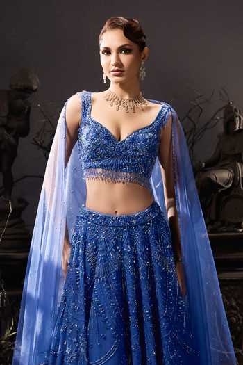 Shivani Awasty_Blue Net Sequins, Beads, Stones Sweetheart Neck Mid Cascade Lehenga Set _Online_at_Aza_Fashions