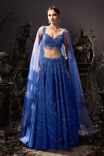 Buy_Shivani Awasty_Blue Net Sequins, Beads, Stones Sweetheart Neck Mid Cascade Lehenga Set _at_Aza_Fashions