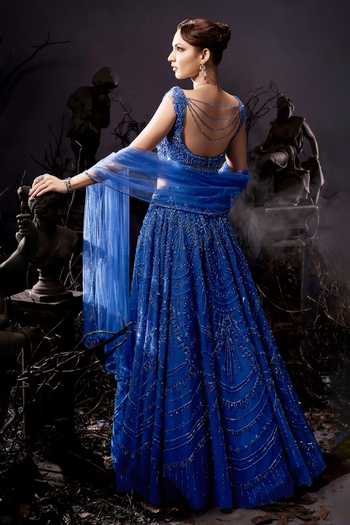 Shop_Shivani Awasty_Blue Net Sequins, Beads, Stones Sweetheart Neck Mid Cascade Lehenga Set _at_Aza_Fashions