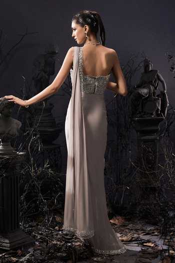 Shop_Shivani Awasty_Silver Georgette, Net Sequins, Beads, Zari Pre-draped Saree And 3d Work Corset Set _at_Aza_Fashions