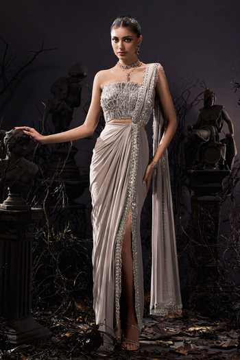 Buy_Shivani Awasty_Silver Georgette, Net Sequins, Beads, Zari Pre-draped Saree And 3d Work Corset Set _at_Aza_Fashions