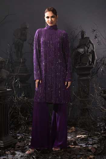 Buy_Shivani Awasty_Purple Georgette Embroidery, Sequins High Neck Bow Top And Pant Set _at_Aza_Fashions