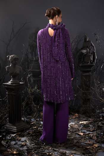 Shop_Shivani Awasty_Purple Georgette Embroidery, Sequins High Neck Bow Top And Pant Set _at_Aza_Fashions