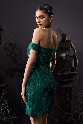 Shop_Shivani Awasty_Emerald Green Net Embroidery, Sequins, Beads, Tassels Off-shoulder Dress _at_Aza_Fashions