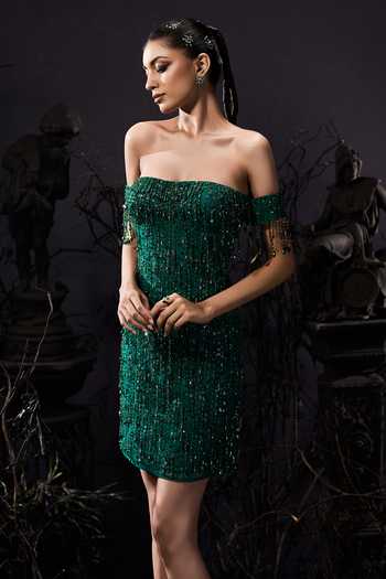 Shivani Awasty_Emerald Green Net Embroidery, Sequins, Beads, Tassels Off-shoulder Dress _Online_at_Aza_Fashions